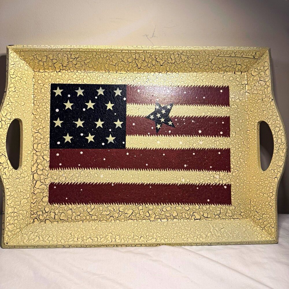 Rustic American Flag Wood Serving Tray w/ Handles Rect 15 in Painted Finish